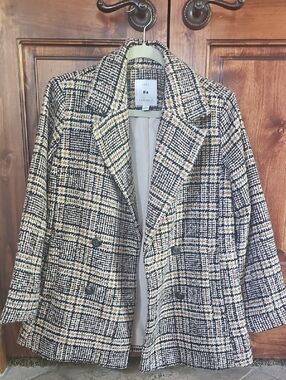 Checked Tweed Double-Breasted Blazer Jacket - Black & Cream